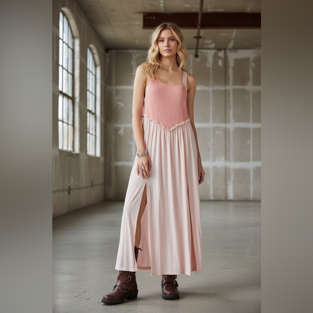 NWT POL Slit Crochet Strap Sleeveless Blush Maxi Dress - Picture 6 of 8